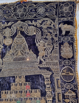 A Rare Jain Temple Hanging, From Gujarat in Northwest India. India

Its size is 77cmX132cm.

Weight is 2 Kgs 090 Gm

C.1900.- 1945.

This form of embroidery is called zardosi work. A Indigo Blue  velvet cloth has been  ...