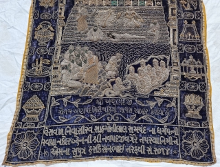 A Rare Jain Temple Hanging, From Gujarat in Northwest India. India

Its size is 77cmX132cm.

Weight is 2 Kgs 090 Gm

C.1900.- 1945.

This form of embroidery is called zardosi work. A Indigo Blue  velvet cloth has been  ...