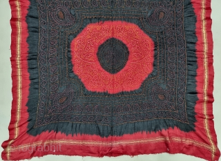 Ceremonial Tie and Dye Rumal, Tie and Dye Work on the Gajji-Silk With Real Zari Weaving Side Border, From Kutch Region of Gujarat, India. 

C.1875-1900. 

Its size is 70cmX70cm. 

This was Traditionally  ...