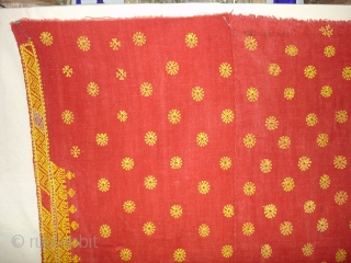 Double Sided Embroidery(Cotton on cotton)Woman's Odhani From Nagour District Of Rajasthan.India.its known as Kedari Odhani.It's size is 140cm x 222cm.Condition is Good(DSC03066 New).          