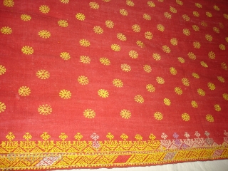 Double Sided Embroidery(Cotton on cotton)Woman's Odhani From Nagour District Of Rajasthan.India.its known as Kedari Odhani.It's size is 140cm x 222cm.Condition is Good(DSC03066 New).          