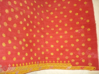 Double Sided Embroidery(Cotton on cotton)Woman's Odhani From Nagour District Of Rajasthan.India.its known as Kedari Odhani.It's size is 140cm x 222cm.Condition is Good(DSC03066 New).          