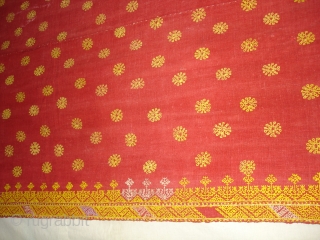 Double Sided Embroidery(Cotton on cotton)Woman's Odhani From Nagour District Of Rajasthan.India.its known as Kedari Odhani.It's size is 140cm x 222cm.Condition is Good(DSC03066 New).          