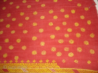 Double Sided Embroidery(Cotton on cotton)Woman's Odhani From Nagour District Of Rajasthan.India.its known as Kedari Odhani.It's size is 140cm x 222cm.Condition is Good(DSC03066 New).          