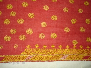 Double Sided Embroidery(Cotton on cotton)Woman's Odhani From Nagour District Of Rajasthan.India.its known as Kedari Odhani.It's size is 140cm x 222cm.Condition is Good(DSC03066 New).          