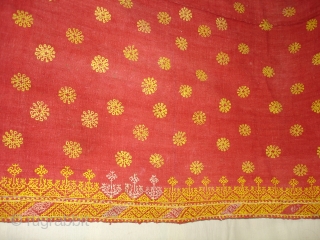 Double Sided Embroidery(Cotton on cotton)Woman's Odhani From Nagour District Of Rajasthan.India.its known as Kedari Odhani.It's size is 140cm x 222cm.Condition is Good(DSC03066 New).          