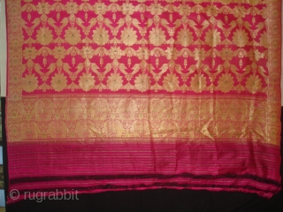 Dupatta handwoven fuchsia silk with zari (Real Silver) from Varanasi, Uttar Pradesh , India. c.1900. Good condition. Its size is 175cmX295cm(DSC06349 New).           