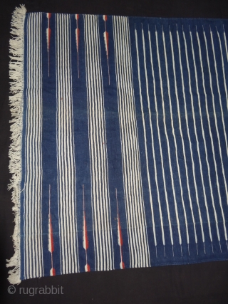 Indigo Blue,Jail Dhurrie(Cotton)Blue-White striped with mahi motif. Bikaner, Rajasthan. India.C.1900.Its size is 110X190cm. Condition is very good(DSC03639).                