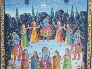 Raas-Leela Pichwai  From Nathdwara Rajasthan, India. India. Painted On the Cotton, Pigments Painted Heightened With Gold. 

The rasa lila takes place one night when the Gopis of Vrindavan, upon hearing the  ...