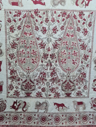 Kalamkari Palampore Hand-Drawn Mordant-And Resist-Dyed Cotton,From Coromandel Coast South India. India. Showing the exotic birds, peacocks, tigers, stylized mountain Sun, and cypress trees.
 Late 19th Early 20th Century. 
Its size is 171cmX171cm(20210906_135547). 