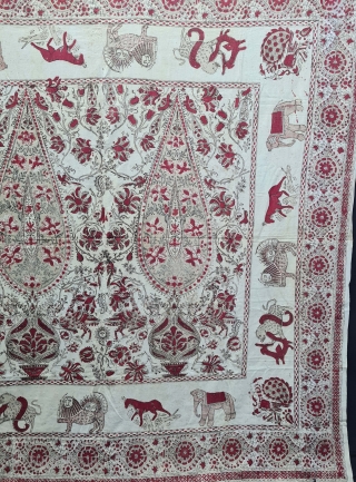 Kalamkari Palampore Hand-Drawn Mordant-And Resist-Dyed Cotton,From Coromandel Coast South India. India. Showing the exotic birds, peacocks, tigers, stylized mountain Sun, and cypress trees.
 Late 19th Early 20th Century. 
Its size is 171cmX171cm(20210906_135547). 