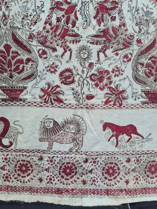 Kalamkari Palampore Hand-Drawn Mordant-And Resist-Dyed Cotton,From Coromandel Coast South India. India. Showing the exotic birds, peacocks, tigers, stylized mountain Sun, and cypress trees.
 Late 19th Early 20th Century. 
Its size is 171cmX171cm(20210906_135547). 