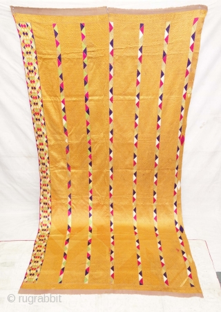 Phulkari from West (Pakistan) Punjab. India. Known as Vari-Da-Bagh, With Rare influence of Panch Rangi Lahariya borders in the middle and side border. C.1900.Floss silk on hand spun cotton ground cloth. Its  ...