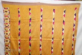 Phulkari from West (Pakistan) Punjab. India. Known as Vari-Da-Bagh, With Rare influence of Panch Rangi Lahariya borders in the middle and side border. C.1900.Floss silk on hand spun cotton ground cloth. Its  ...
