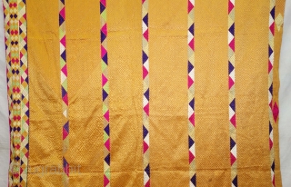 Phulkari from West (Pakistan) Punjab. India. Known as Vari-Da-Bagh, With Rare influence of Panch Rangi Lahariya borders in the middle and side border. C.1900.Floss silk on hand spun cotton ground cloth. Its  ...