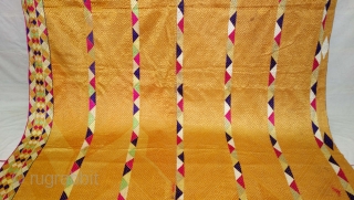 Phulkari from West (Pakistan) Punjab. India. Known as Vari-Da-Bagh, With Rare influence of Panch Rangi Lahariya borders in the middle and side border. C.1900.Floss silk on hand spun cotton ground cloth. Its  ...