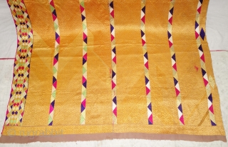Phulkari from West (Pakistan) Punjab. India. Known as Vari-Da-Bagh, With Rare influence of Panch Rangi Lahariya borders in the middle and side border. C.1900.Floss silk on hand spun cotton ground cloth. Its  ...