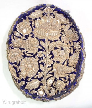 Nawabi Topi (Hat) Zardozi Embroidered on cotton velvet, With Real Silver Thread with Gold Polish, From Varanasi, Uttar Pradesh, India. India.Late 19th Century(DSC09349).          