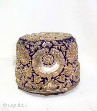 Nawabi Topi (Hat) Zardozi Embroidered on cotton velvet, With Real Silver Thread with Gold Polish, From Varanasi, Uttar Pradesh, India. India.Late 19th Century(DSC09349).          