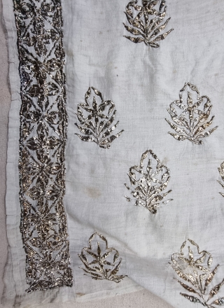 Mughal Ceremonial Mukaish Work Dupatta From Lucknow Uttar Pradesh India. Real Zari (Gold) Embroidery on the Cotton.  
Mukaish  is an Arabicized word driven from the Hindi word Kesh, which means hairs. Mukaish  h is also known as badla and fardi work.The Mukaish work with smaller stitch was also  ...