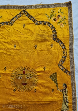 An  Rare Temple Hanging, Silk And Real Zari Embroidery on the Silk. It is showing Lord Surya Narayan and two Gopis, which is a very rare Subject to get.From Gujarat in Northwest  ...