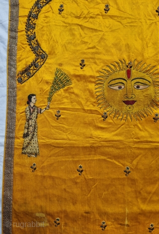 An  Rare Temple Hanging, Silk And Real Zari Embroidery on the Silk. It is showing Lord Surya Narayan and two Gopis, which is a very rare Subject to get.From Gujarat in Northwest  ...