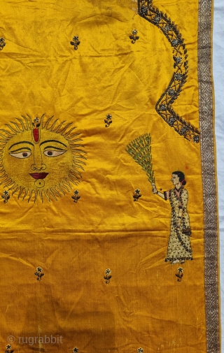 An  Rare Temple Hanging, Silk And Real Zari Embroidery on the Silk. It is showing Lord Surya Narayan and two Gopis, which is a very rare Subject to get.From Gujarat in Northwest  ...