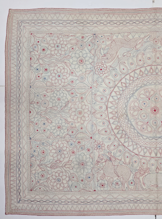 An Rare Nakshi Kantha, Fine Embroidered on the cotton, Probably from Jessore Region of East

(Bangladesh) Bengal region of India, India.

Showing the Folk Art of Bengal .

C.1875 -1900

Its size is 125cmX178cm (20240908_173736).  