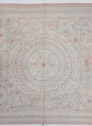 An Rare Nakshi Kantha, Fine Embroidered on the cotton, Probably from Jessore Region of East

(Bangladesh) Bengal region of India, India.

Showing the Folk Art of Bengal .

C.1875 -1900

Its size is 125cmX178cm (20240908_173736).  