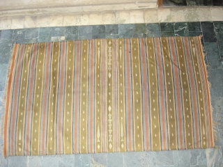 Jail Dhurrie(Cotton)Multi-colored striped with mahi motif.Kutch Gujarat India. Its size is 118X203cm.Condition is very good(DSC06232 New).                 