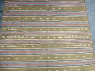 Jail Dhurrie(Cotton)Multi-colored striped with mahi motif.Kutch Gujarat India. Its size is 118X203cm.Condition is very good(DSC06232 New).                 