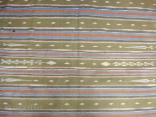 Jail Dhurrie(Cotton)Multi-colored striped with mahi motif.Kutch Gujarat India. Its size is 118X203cm.Condition is very good(DSC06232 New).                 