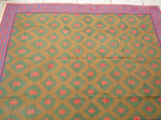 Jail Dhurrie(Cotton)from Bikaner,Rajsthan,India.known as Blossom Dhurrie with stepped diamonds and key Border.Its size is 240cm x 295cm.Perfect in the condition.Very rare design Dhurrie(DSC06192 New).         