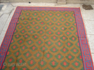 Jail Dhurrie(Cotton)from Bikaner,Rajsthan,India.known as Blossom Dhurrie with stepped diamonds and key Border.Its size is 240cm x 295cm.Perfect in the condition.Very rare design Dhurrie(DSC06192 New).         