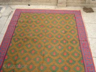 Jail Dhurrie(Cotton)from Bikaner,Rajsthan,India.known as Blossom Dhurrie with stepped diamonds and key Border.Its size is 240cm x 295cm.Perfect in the condition.Very rare design Dhurrie(DSC06192 New).         