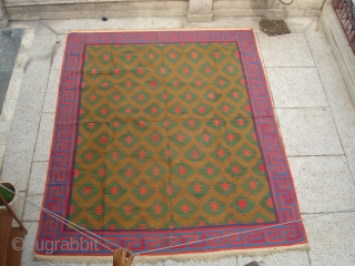 Jail Dhurrie(Cotton)from Bikaner,Rajsthan,India.known as Blossom Dhurrie with stepped diamonds and key Border.Its size is 240cm x 295cm.Perfect in the condition.Very rare design Dhurrie(DSC06192 New).         