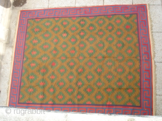 Jail Dhurrie(Cotton)from Bikaner,Rajsthan,India.known as Blossom Dhurrie with stepped diamonds and key Border.Its size is 240cm x 295cm.Perfect in the condition.Very rare design Dhurrie(DSC06192 New).         