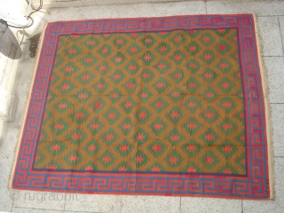 Jail Dhurrie(Cotton)from Bikaner,Rajsthan,India.known as Blossom Dhurrie with stepped diamonds and key Border.Its size is 240cm x 295cm.Perfect in the condition.Very rare design Dhurrie(DSC06192 New).         