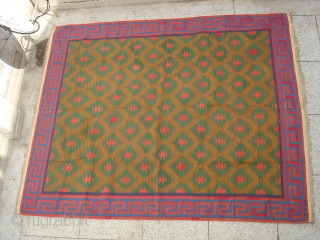 Jail Dhurrie(Cotton)from Bikaner,Rajsthan,India.known as Blossom Dhurrie with stepped diamonds and key Border.Its size is 240cm x 295cm.Perfect in the condition.Very rare design Dhurrie(DSC06192 New).         