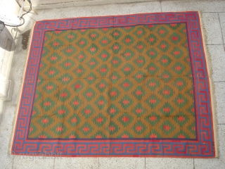 Jail Dhurrie(Cotton)from Bikaner,Rajsthan,India.known as Blossom Dhurrie with stepped diamonds and key Border.Its size is 240cm x 295cm.Perfect in the condition.Very rare design Dhurrie(DSC06192 New).         