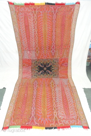 Tree design Kalamkar long Shawl Showing the, twelve different variation of colour combination From Kashmir, India.C.1870.Its Size is 148cmx310cm. Condition Miner holes, which can be possible to make repair (DSC03744 New).  