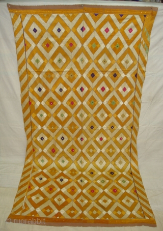 Rare Design Phulkari From West(Pakistan)Punjab. India. Showing the Rare influence of Mirrors and Zari work,Floss silk on hand spun cotton ground cloth(DSC03930).           