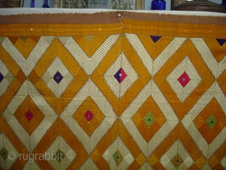 Rare Design Phulkari From West(Pakistan)Punjab. India. Showing the Rare influence of Mirrors and Zari work,Floss silk on hand spun cotton ground cloth(DSC03930).           