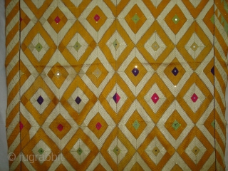 Rare Design Phulkari From West(Pakistan)Punjab. India. Showing the Rare influence of Mirrors and Zari work,Floss silk on hand spun cotton ground cloth(DSC03930).           