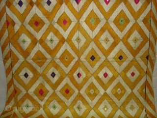 Rare Design Phulkari From West(Pakistan)Punjab. India. Showing the Rare influence of Mirrors and Zari work,Floss silk on hand spun cotton ground cloth(DSC03930).           