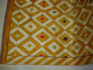 Rare Design Phulkari From West(Pakistan)Punjab. India. Showing the Rare influence of Mirrors and Zari work,Floss silk on hand spun cotton ground cloth(DSC03930).           