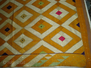 Rare Design Phulkari From West(Pakistan)Punjab. India. Showing the Rare influence of Mirrors and Zari work,Floss silk on hand spun cotton ground cloth(DSC03930).           