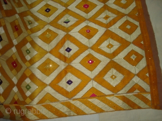 Rare Design Phulkari From West(Pakistan)Punjab. India. Showing the Rare influence of Mirrors and Zari work,Floss silk on hand spun cotton ground cloth(DSC03930).           