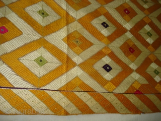 Rare Design Phulkari From West(Pakistan)Punjab. India. Showing the Rare influence of Mirrors and Zari work,Floss silk on hand spun cotton ground cloth(DSC03930).           