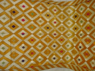 Rare Design Phulkari From West(Pakistan)Punjab. India. Showing the Rare influence of Mirrors and Zari work,Floss silk on hand spun cotton ground cloth(DSC03930).           